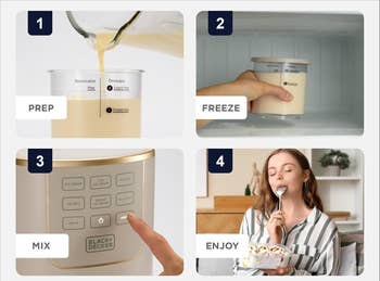 1. Pour premix into cup. 2. Freeze. 3. Use mixer. 4. Enjoy dessert. Image shows a pistillate savoring the last product