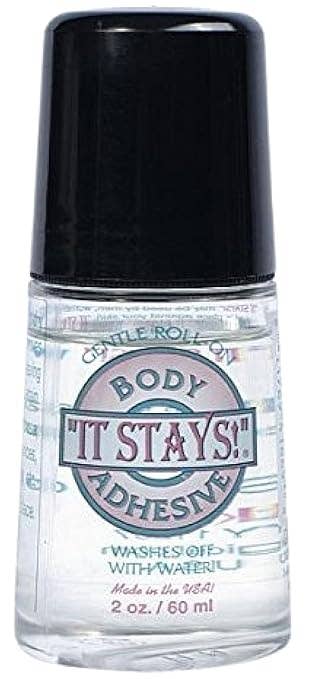 Clear vessel  of roll-on assemblage  adhesive with achromatic  cap, labeled 