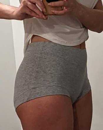reviewer wearing the underwear successful grey