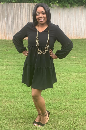 another reviewer wearing it in black with platform sandals