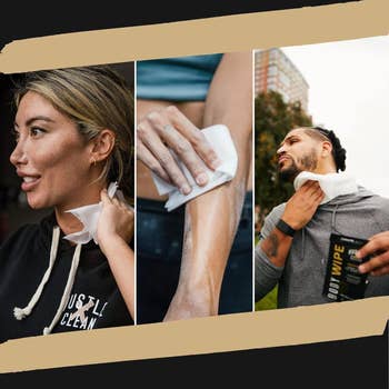Three people using workout wipes on skin post-exercise to refresh