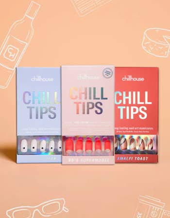 three different chill tips nails with various designs