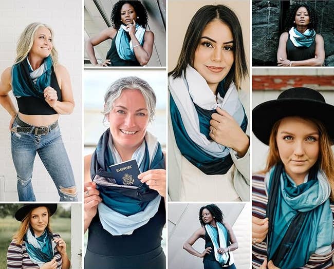 Women showcasing versatile scarf styles; some wear it as a wrap or around neck. Center: woman holding a passport. Header reads: