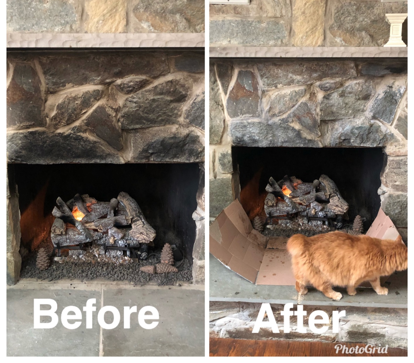 A fireplace before using the kit, that looks like gray brick with a huge black stain from the pit to the top of the mantle. Then after the kit, with brick and no stain