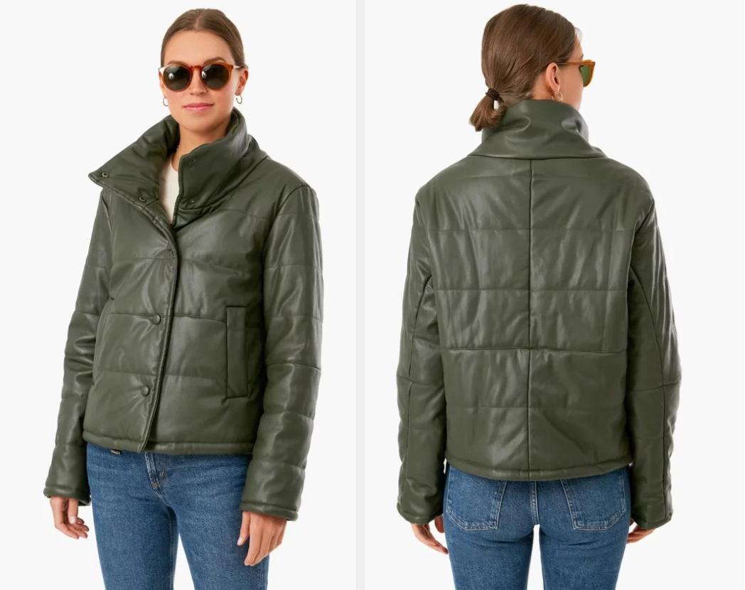 Two images of a model wearing the green jacket