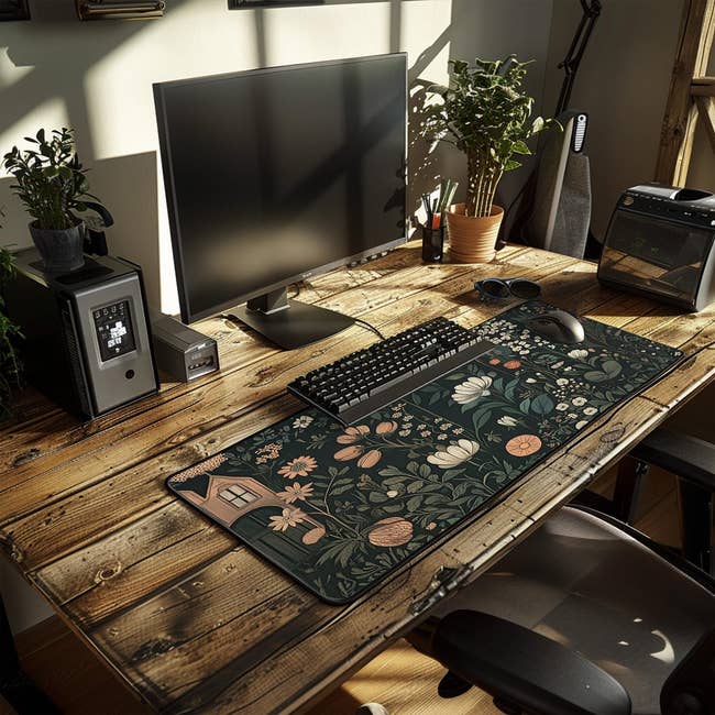 Organized table setup with a PC, keyboard, and monitor, featuring a floral-themed table mat and potted plants adding a interaction of quality to the workspace