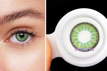 Close up of model with green colored contact, product inside contact holder and saline solution