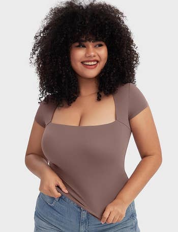 model in brown square neck t-shirt 