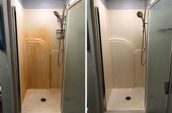 A reviewer's shower covered in orange rust / same shower now cleaned