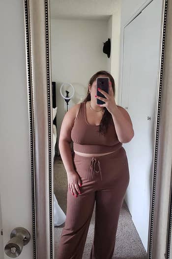 reviewer wearing the brown set