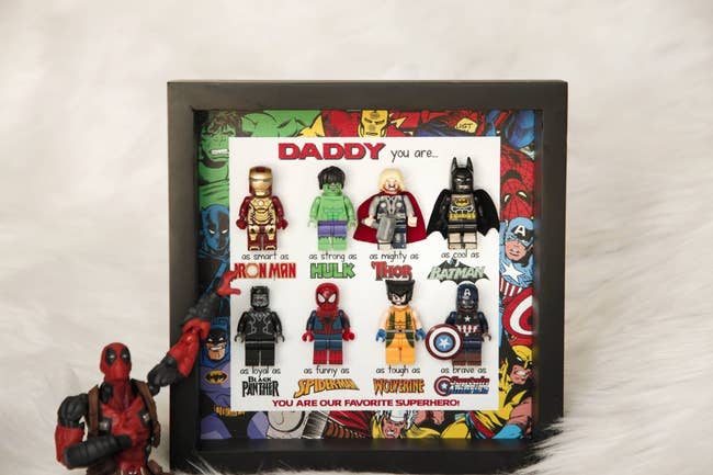 picture frame with Lego superheroes in it