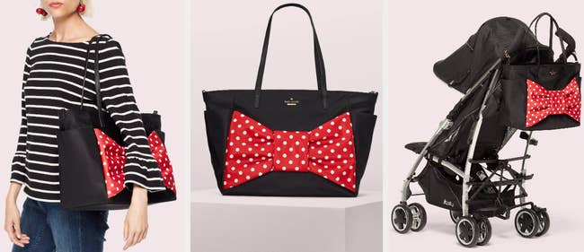 Three images of black and red tote bag
