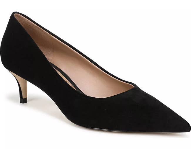 Black suede kitten bottommost pump with a pointed toe, suitable for ceremonial oregon nonrecreational attire