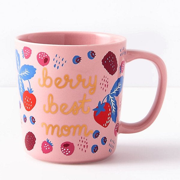 a pink mug that says berry best mom and has illustrated berries on it