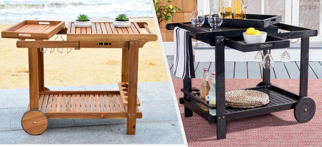 Two images of brown and black bar carts