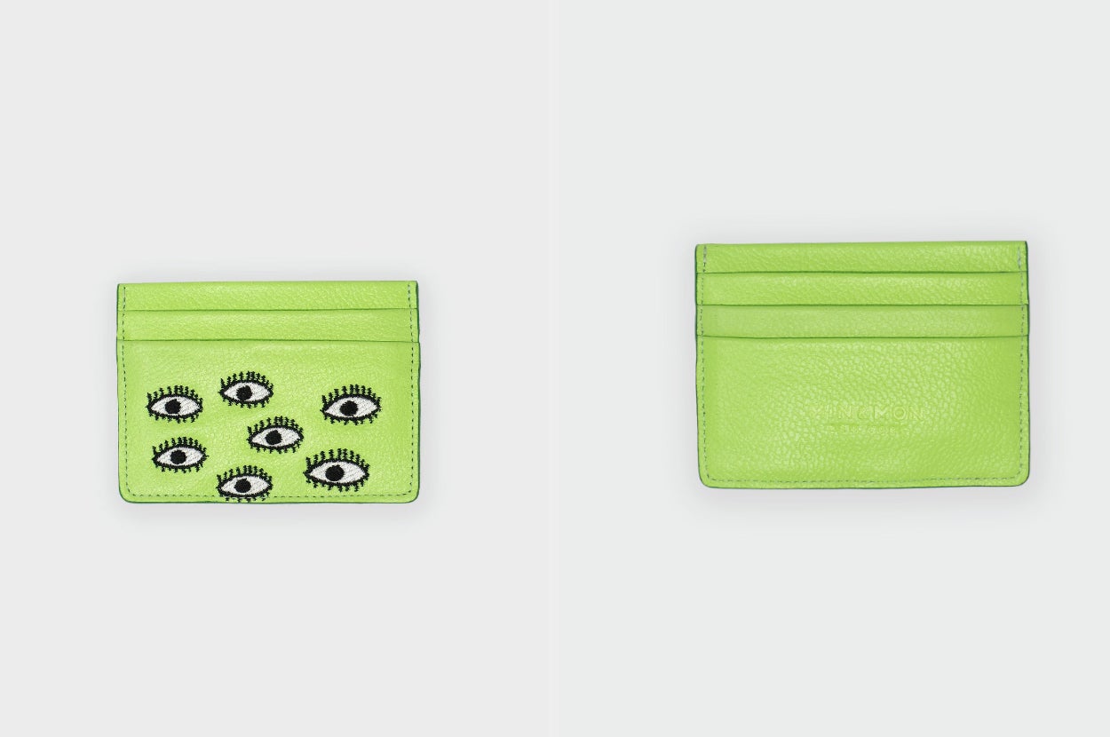 collage of front and back of lime green card holder with eyes