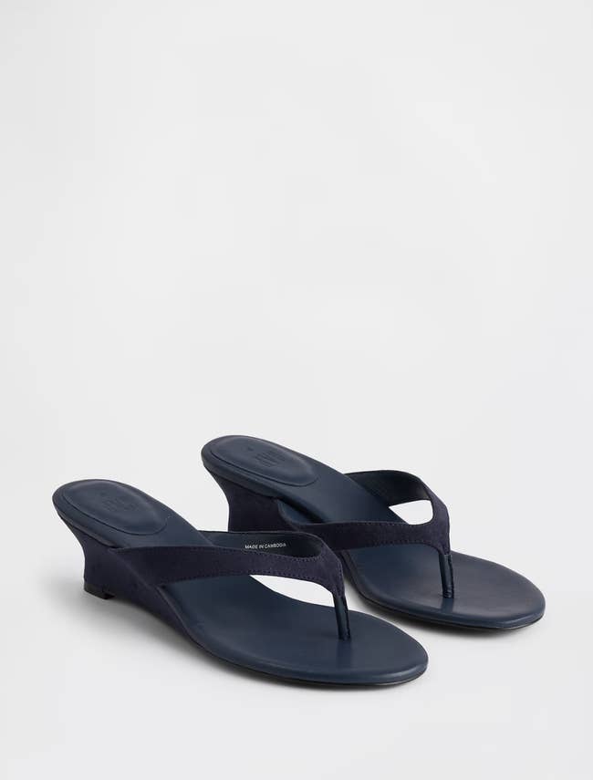 Wedge sandals with a thong strap plan  are placed against a plain background, showcasing a minimalist and modern   style