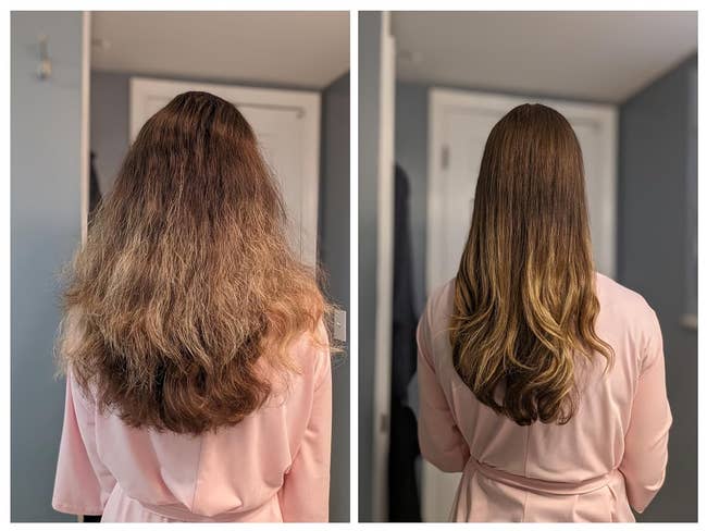 before/after showing reviewer's frizzy, poofy hair that now looks sleek and frizz free