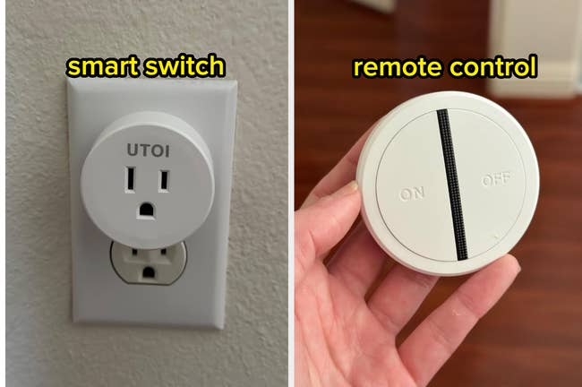 Smart switch plugged into wall outlet; handheld remote control labeled