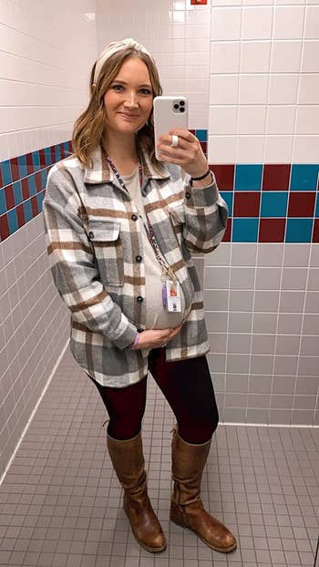 pregnant reviewer bathroom mirror selfie wearing gray plaid shacket