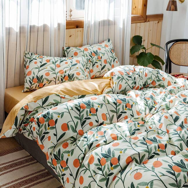 the white and green duvet set with an orange pattern