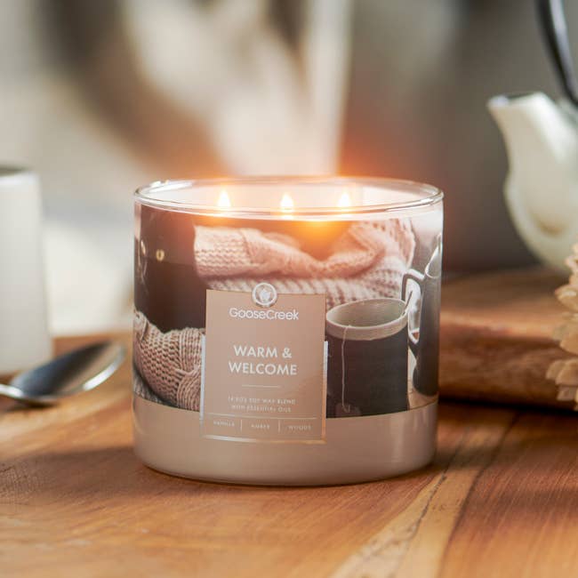 Three-wick candle labeled