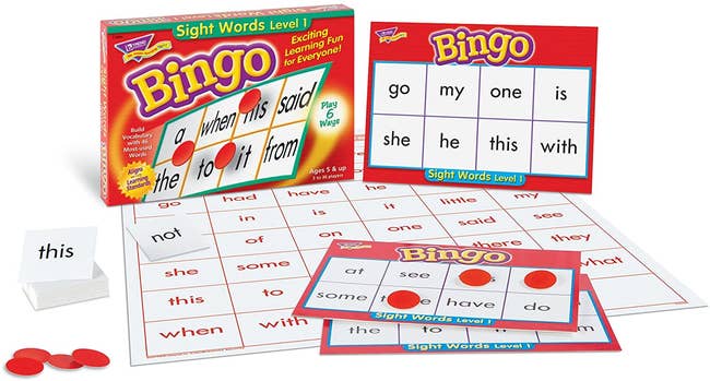 the Sight Words Bingo game with word board, cards, and red circles