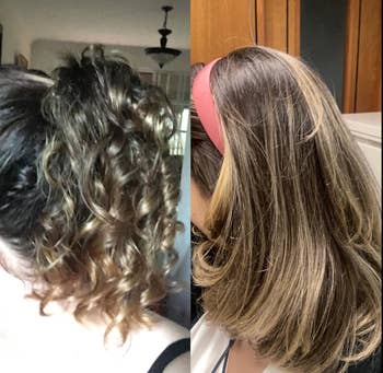 Two side-by-side comparisons of a person's hair, one curly and the other straightened, possibly for a hair product review