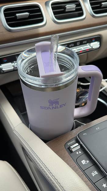 another reviewer's purple cup in a car cup holder