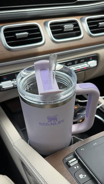 another reviewer's purple cup in a car cup holder