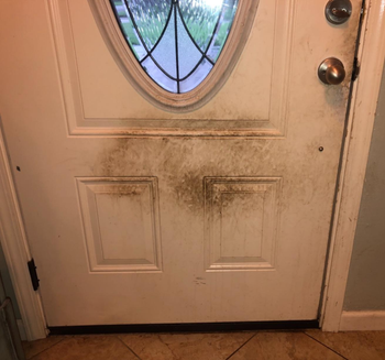 reviewer before image of a white door with a big dirt mark on it