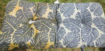 Cushion with tropical leafage  pattern, fractional  cleanable  and fractional  dirty, demonstrating a cleaning product's effectiveness, connected  grass