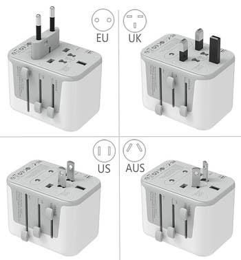 Image split in four to show sliders on the side that push up prongs so the adapter is compatible with outlets in the EU, UK, US, and AUS