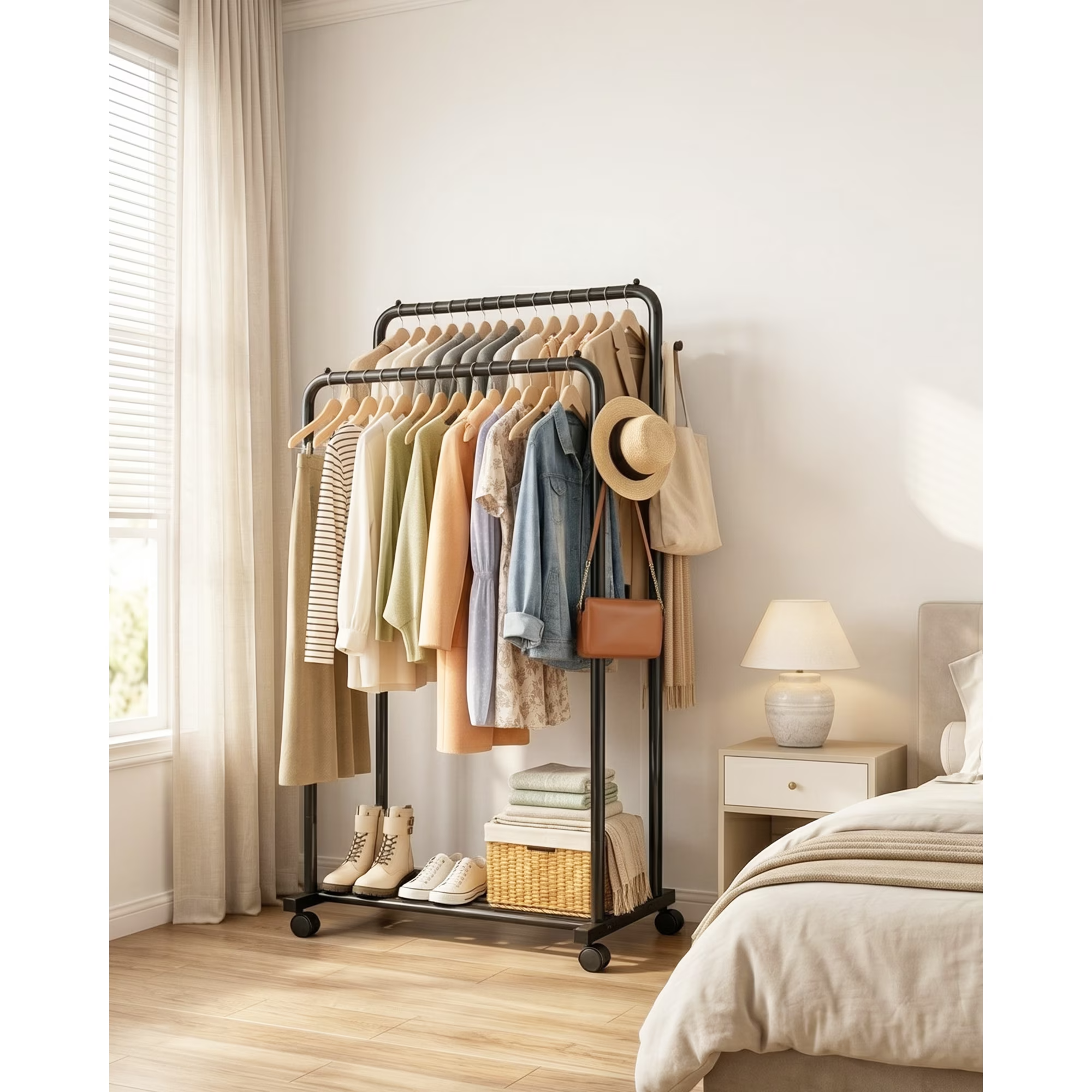Clothing rack successful  a chamber  holding assorted  outfits, a straw hat, and a purse, adjacent  to a furniture  and a nightstand with a lamp