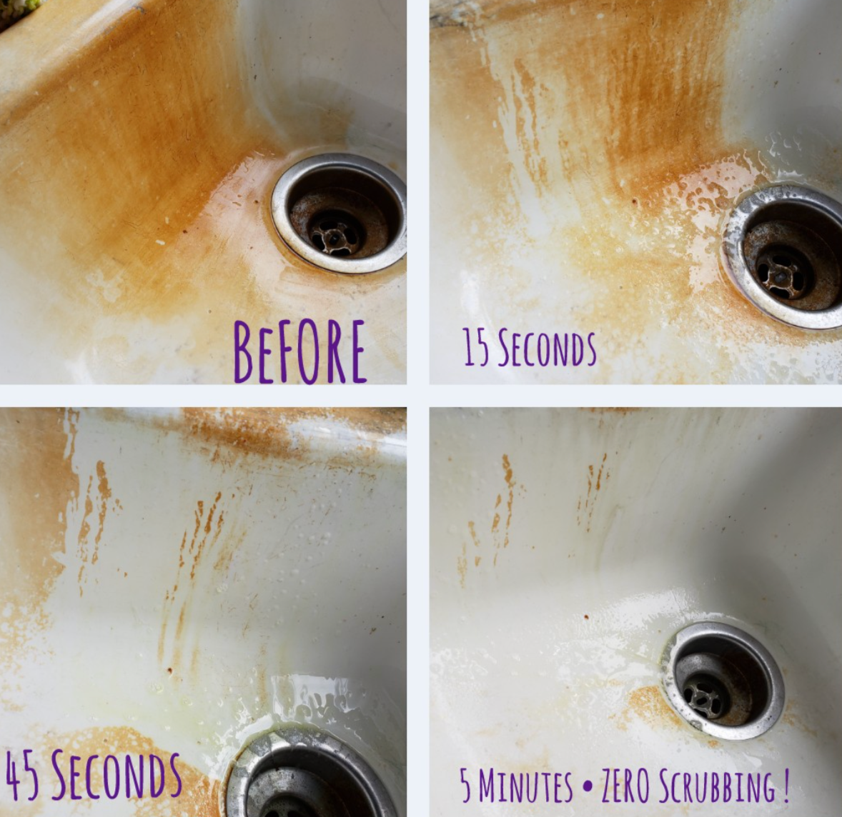 a series of photos showing a reviewer's rusty sink looking much cleaner over a five minute period after using the spray with zero scrubbing