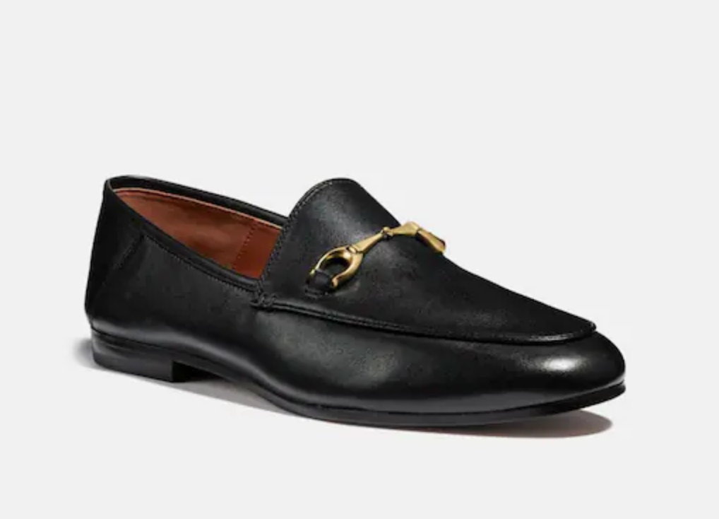 The black loafers with a gold buckle on the top