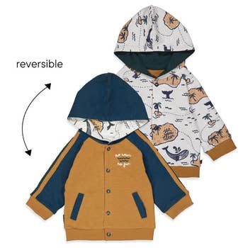 the jacket showing how it can be reversed into a beach scene print