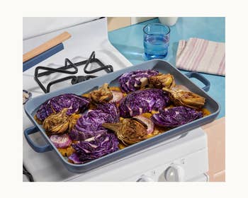 Oven pan with food in it 
