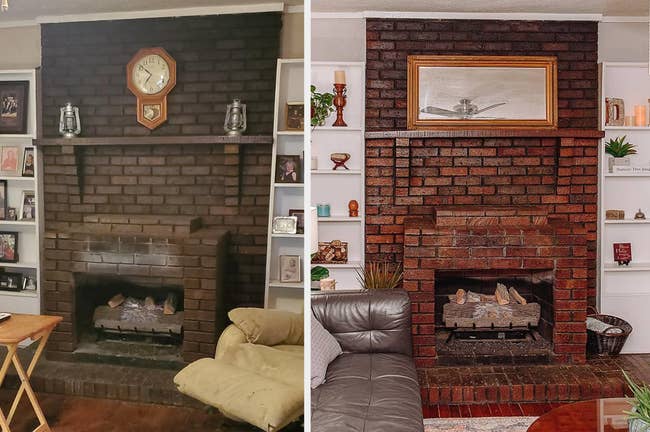 before/after of a fireplace that's been cleaned using the spray
