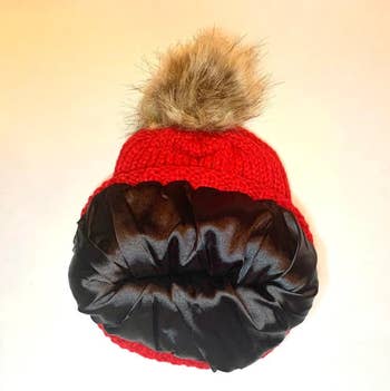 red beanie with satin lining showing