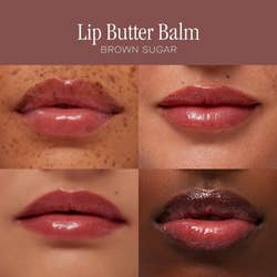 a diagram of models with different skin tones wearing the same shade of lip butter
