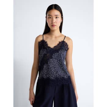 A model wearing a sleeveless, dotted lace-trim top and wide-leg pants, suitable for a shopping-themed article