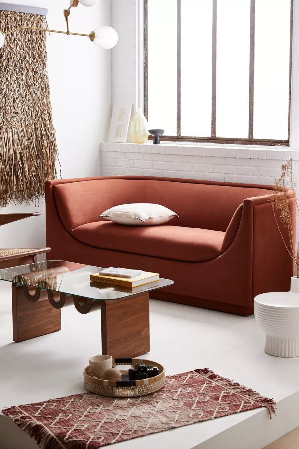 curved bench sofa in rust