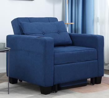 A dark blue padded arm chair with arm rests 
