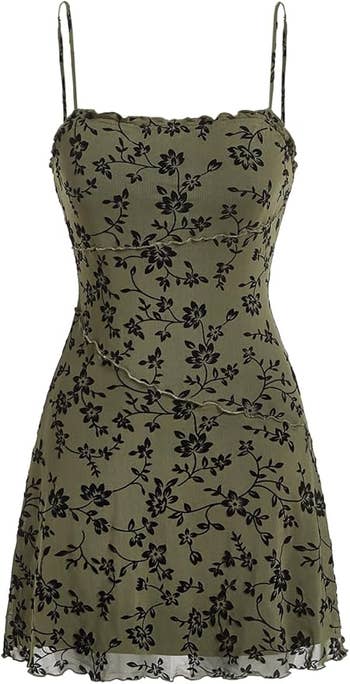 Sleeveless, floral-patterned formal  with spaghetti straps and a fitted bodice