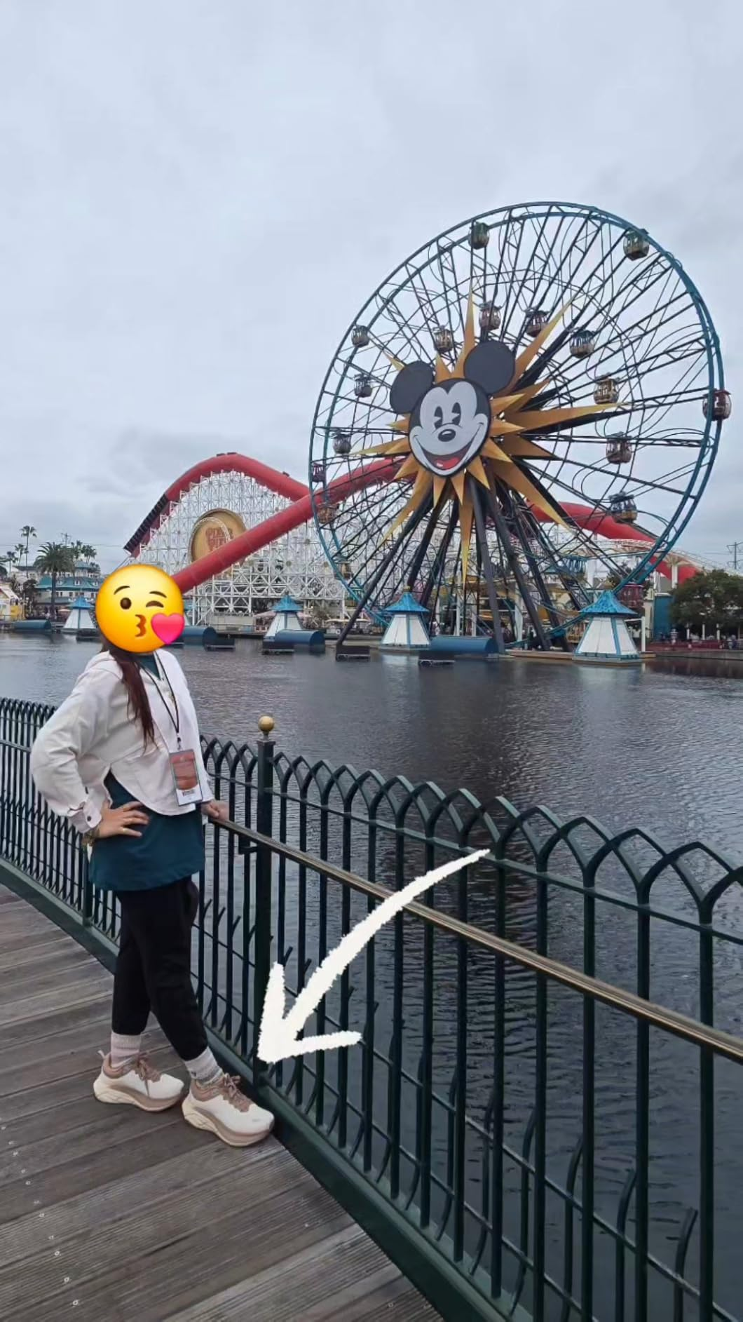 Person posing by a fence with a Mickey Mouse-themed Ferris wheel in the background. Arrow points to their sneakers