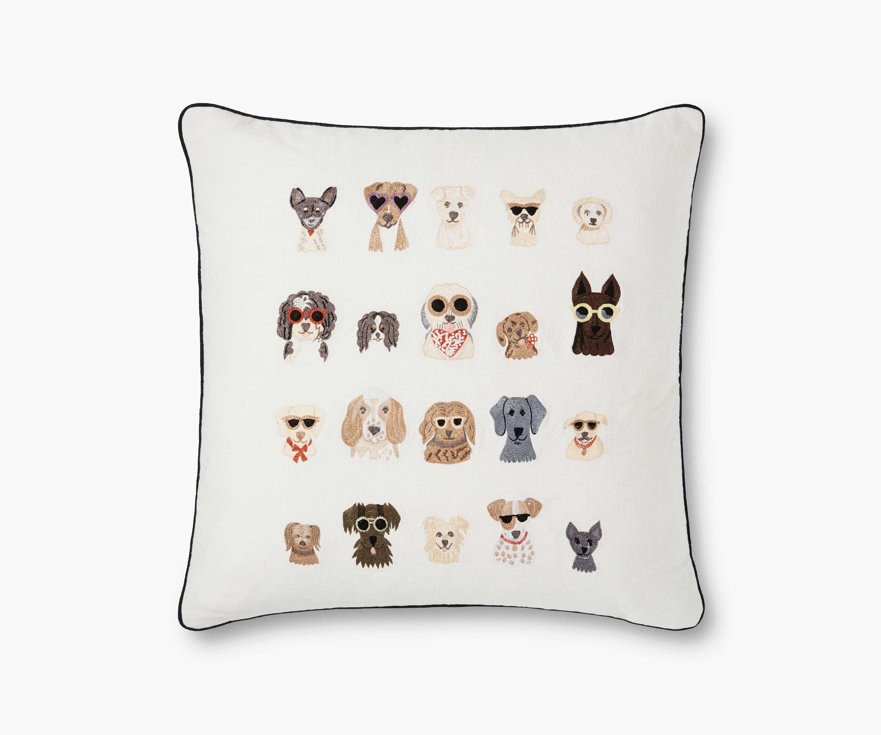 a pillow cover embroidered with 20 different dogs wearing sunglasses and bandanas