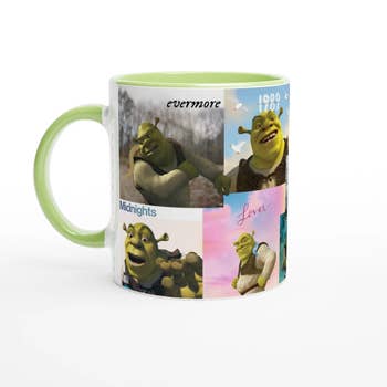 A Shrek mug with different panels from Taylor Swift eras 