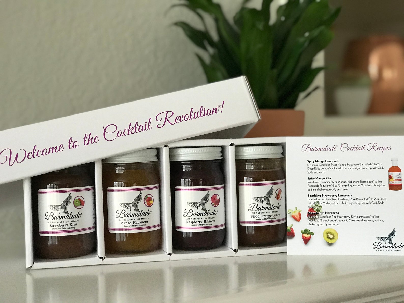 the pack of four jars of barmalade and a cocktail recipe card