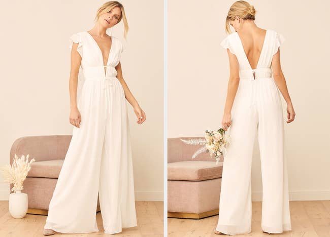 Two images of a model wearing the white ruffle jumpsuit